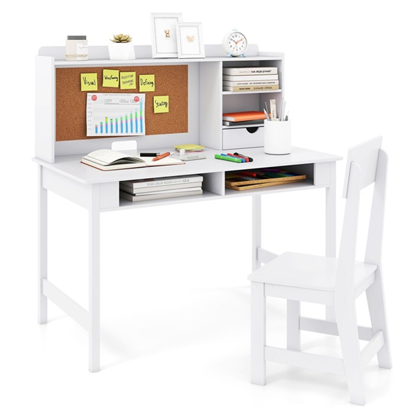 Medinis mokinio stalas su kamštine lenta, lentynomis ir stalčiumi (Baltas)